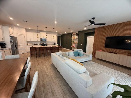 Interior, Kitchen, Living room, Pendant Lights, Recessed Lighting, Stainless Steel Appliances, Wood Texture Flooring