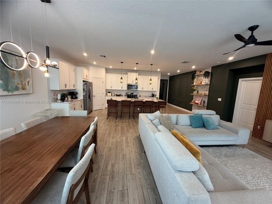 Dining room, Interior, Kitchen, Living room, Pendant Lights, Recessed Lighting, Wood Texture Flooring