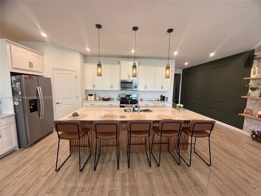 Interior, Kitchen, Pendant Lights, Recessed Lighting, Wood Texture Flooring