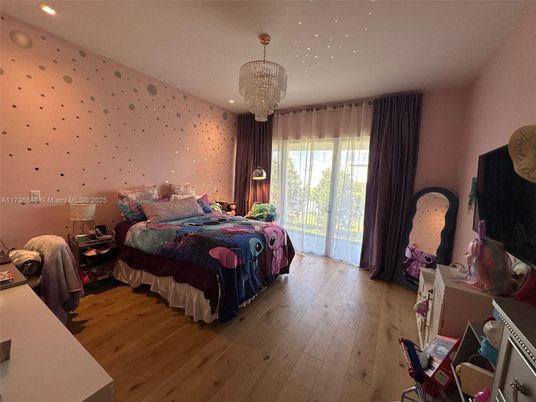 Bedroom, Chandelier, Interior, Recessed Lighting, Wood Texture Flooring