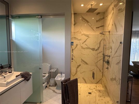 Bathroom, Glass Shower, Interior, Marble, Marble Walls, Recessed Lighting