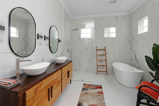 Bathroom, Dual Sink Vanities, Free Standing Baths, Glass Shower, Interior, Marble Walls
