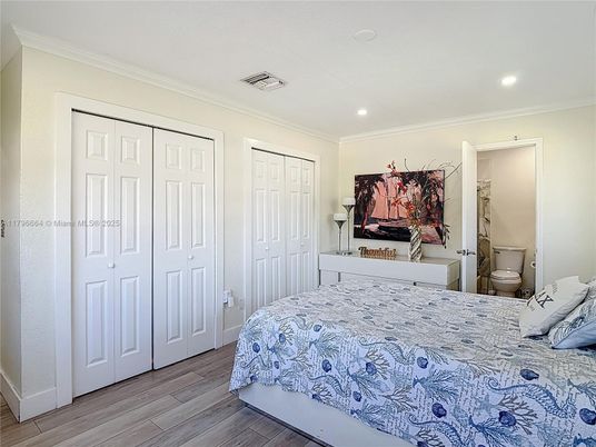 Bedroom, Interior, Recessed Lighting, Wood Texture Flooring