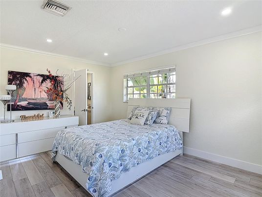 Bedroom, Interior, Recessed Lighting, Wood Texture Flooring