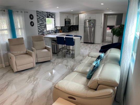 Interior, Kitchen, Living room, Marble, Recessed Lighting, Stainless Steel Appliances