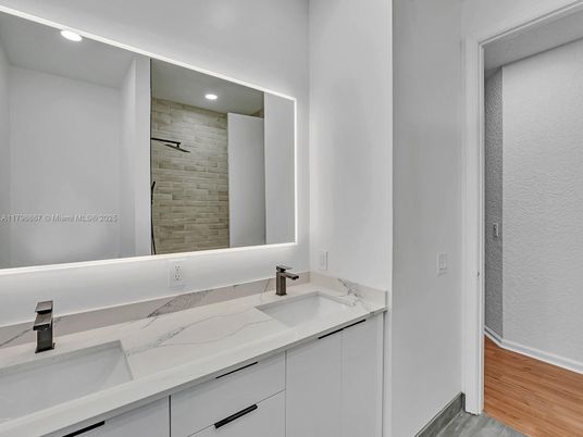Bathroom, Dual Sink Vanities, Interior, Recessed Lighting, Wood Texture Flooring