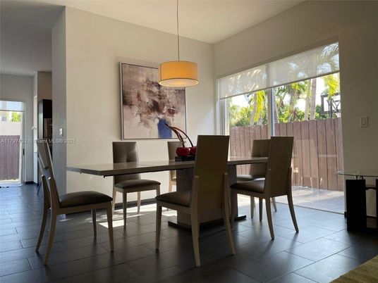 Dining room, Interior, Pendant Lights, Wood Texture Flooring