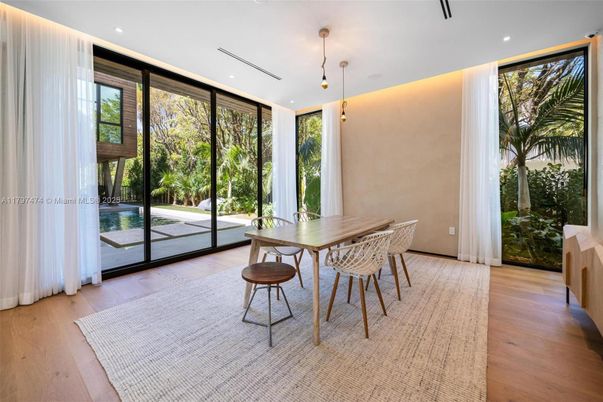 Dining room, Interior, Pendant Lights, Recessed Lighting, Wood Texture Flooring