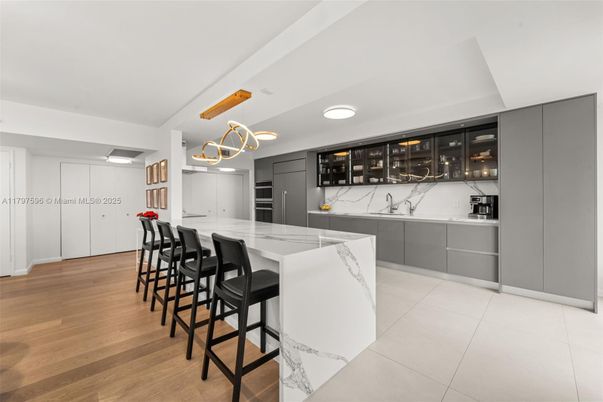 Interior, Kitchen, Marble Walls, Pendant Lights, Wood Texture Flooring