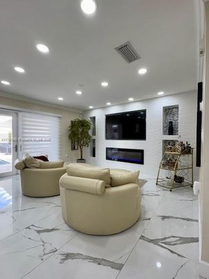 Fireplace, Interior, Living room, Marble, Recessed Lighting
