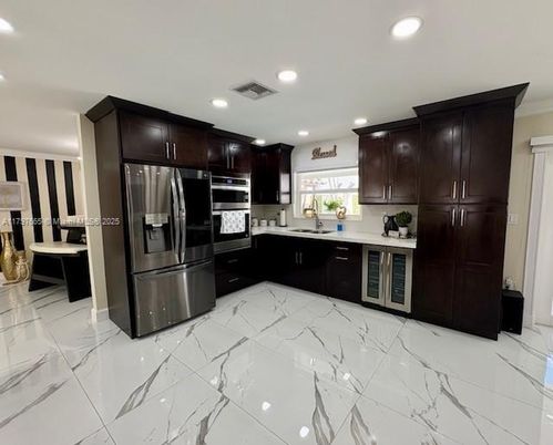 Interior, Kitchen, Marble, Recessed Lighting, Stainless Steel Appliances