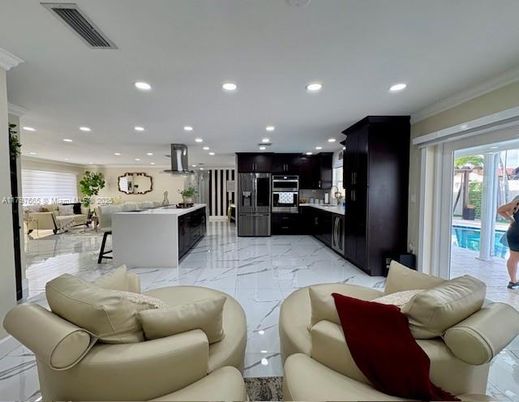 Interior, Kitchen, Living room, Marble, Recessed Lighting, Stainless Steel Appliances