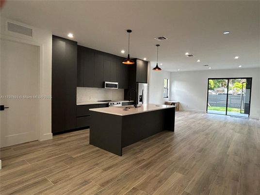 Interior, Kitchen, Pendant Lights, Recessed Lighting, Wood Texture Flooring