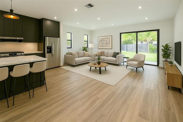 Interior, Kitchen, Living room, Pendant Lights, Recessed Lighting, Stainless Steel Appliances, Wood Texture Flooring