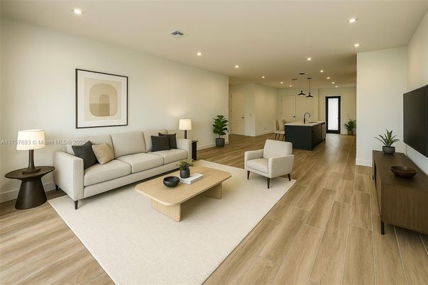 Interior, Living room, Pendant Lights, Recessed Lighting, Wood Texture Flooring