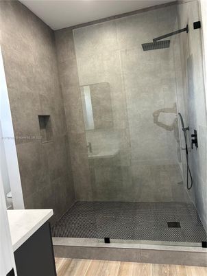 Bathroom, Glass Shower, Interior, Wood Texture Flooring