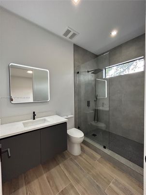 Bathroom, Glass Shower, Interior, Recessed Lighting, Wood Texture Flooring