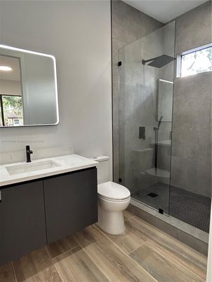 Bathroom, Glass Shower, Interior, Wood Texture Flooring