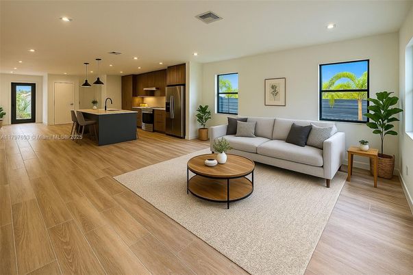 Dining room, Interior, Kitchen, Living room, Pendant Lights, Recessed Lighting, Stainless Steel Appliances, Wood Texture Flooring