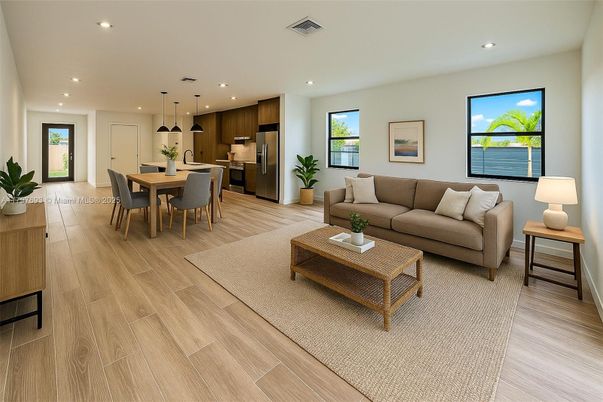 Dining room, Interior, Kitchen, Living room, Pendant Lights, Recessed Lighting, Stainless Steel Appliances, Wood Texture Flooring