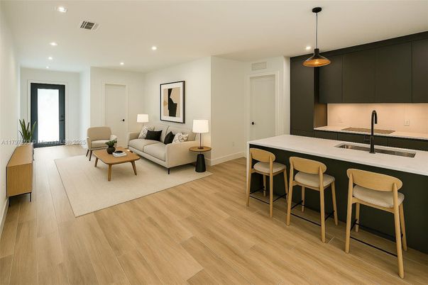Interior, Kitchen, Living room, Pendant Lights, Recessed Lighting, Wood Texture Flooring