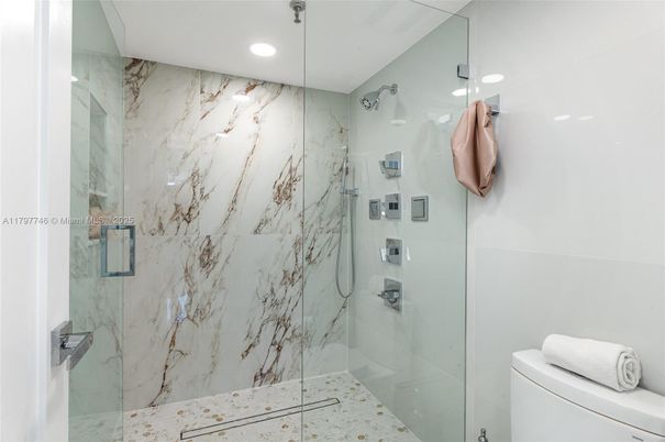 Bathroom, Glass Shower, Interior, Marble Walls, Recessed Lighting