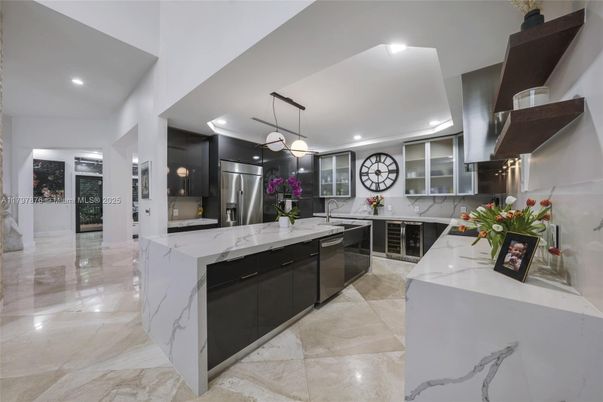 Interior, Kitchen, Marble, Pendant Lights, Recessed Lighting, Stainless Steel Appliances