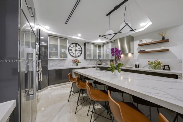 Interior, Kitchen, Marble Walls, Pendant Lights, Recessed Lighting