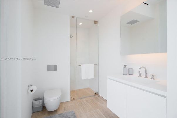 Bathroom, Glass Shower, Interior, Recessed Lighting, Wood Texture Flooring