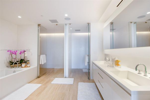 Bathroom, Dual Sink Vanities, Interior, Recessed Lighting, Wood Texture Flooring