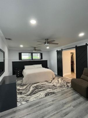 Bedroom, Interior, Recessed Lighting, Wood Texture Flooring