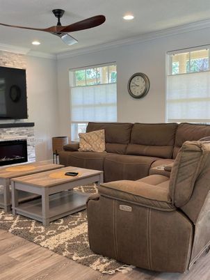 Fireplace, Interior, Living room, Recessed Lighting, Wood Texture Flooring