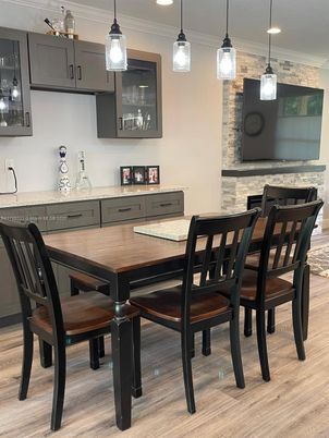 Dining room, Interior, Pendant Lights, Recessed Lighting, Stone Walls, Wood Texture Flooring