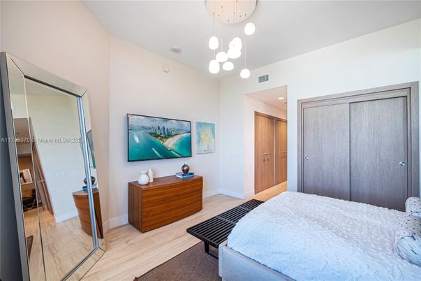 Bedroom, Interior, Pendant Lights, Recessed Lighting, Wood Texture Flooring