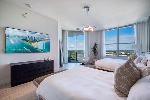 Bedroom, Interior, Pendant Lights, Water, Wood Texture Flooring