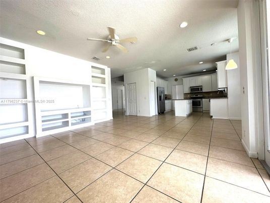 Empty room, Interior, Kitchen, Pendant Lights, Recessed Lighting, Stainless Steel Appliances