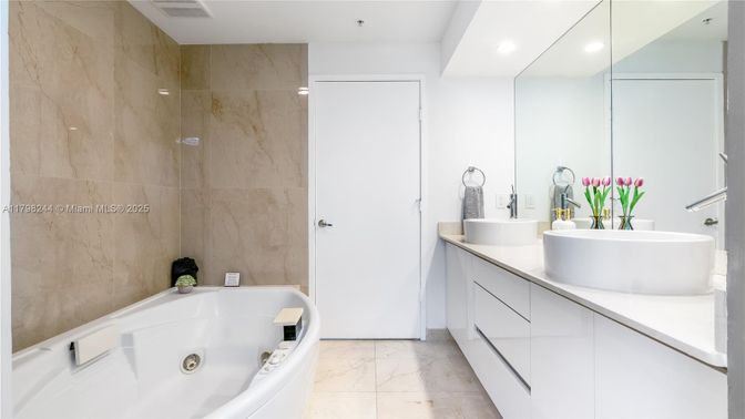 Bathroom, Dual Sink Vanities, Interior, Marble, Recessed Lighting