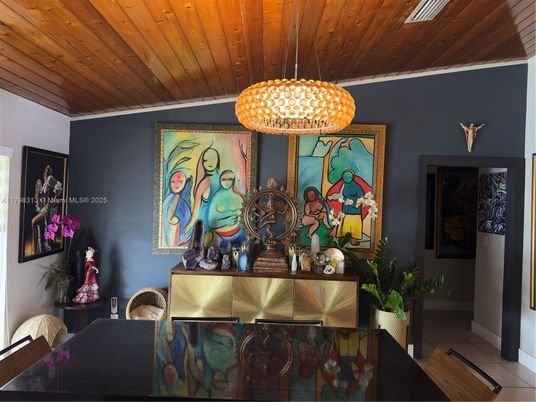Dining room, Interior, Pendant Lights, Wooden Ceilings