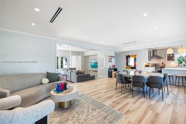 Dining room, Interior, Kitchen, Living room, Pendant Lights, Recessed Lighting, Stainless Steel Appliances, Wood Texture Flooring