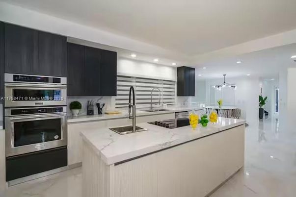 Interior, Kitchen, Marble, Pendant Lights, Recessed Lighting, Stainless Steel Appliances