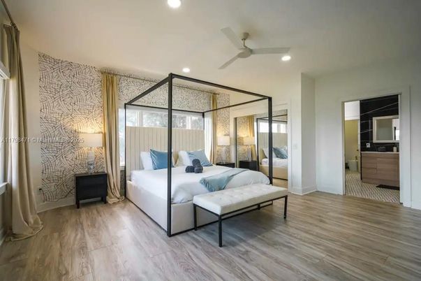 Bedroom, Interior, Recessed Lighting, Wood Texture Flooring