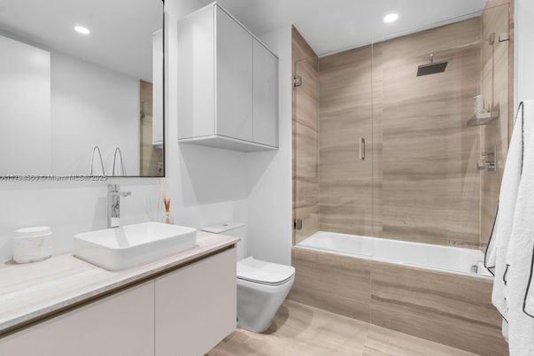 Bathroom, Glass Shower, Interior, Recessed Lighting, Wood Texture Flooring