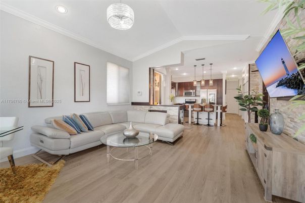 Interior, Kitchen, Living room, Pendant Lights, Recessed Lighting, Stainless Steel Appliances, Wood Texture Flooring