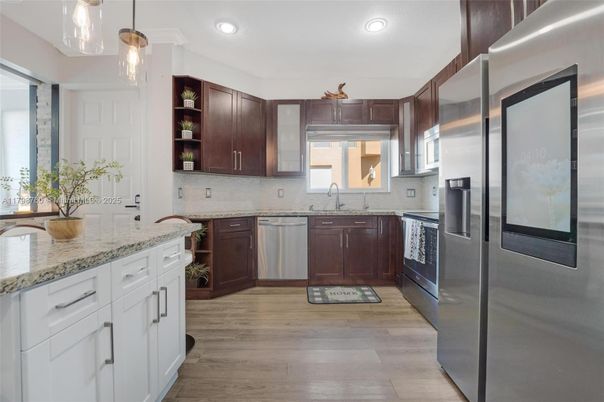 Interior, Kitchen, Pendant Lights, Recessed Lighting, Stainless Steel Appliances, Wood Texture Flooring