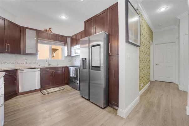 Interior, Kitchen, Recessed Lighting, Stainless Steel Appliances, Wood Texture Flooring