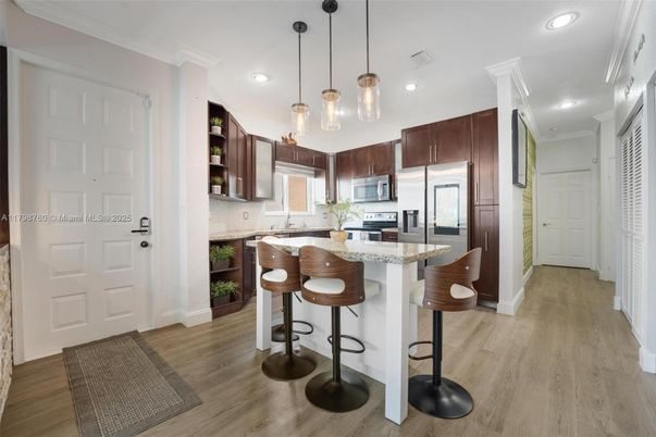 Interior, Kitchen, Pendant Lights, Recessed Lighting, Stainless Steel Appliances, Wood Texture Flooring