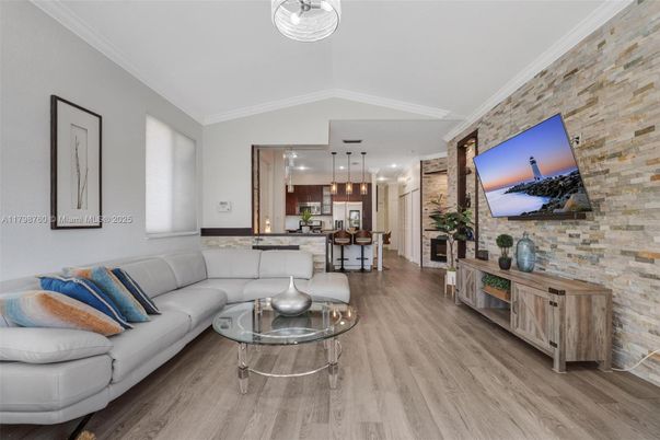 Interior, Kitchen, Living room, Pendant Lights, Recessed Lighting, Stone Walls, Wood Texture Flooring