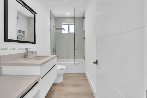 Bathroom, Glass Shower, Interior, Recessed Lighting, Wood Texture Flooring