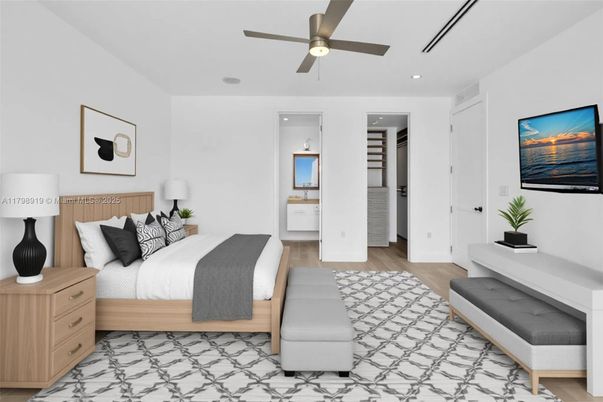 Bedroom, Interior, Recessed Lighting, Wood Texture Flooring