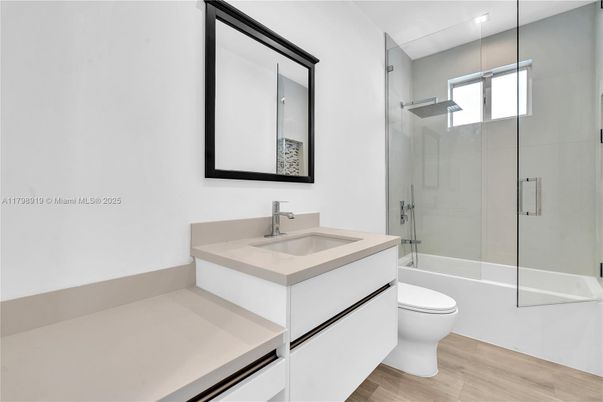 Bathroom, Glass Shower, Interior, Wood Texture Flooring